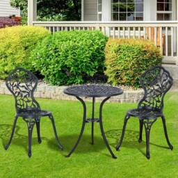 Rackhams 3 Pcs Aluminium Bistro Set Garden Furniture Dining Table Chairs Antique Outdoor Seat Patio Seater Black - thumbnail 2