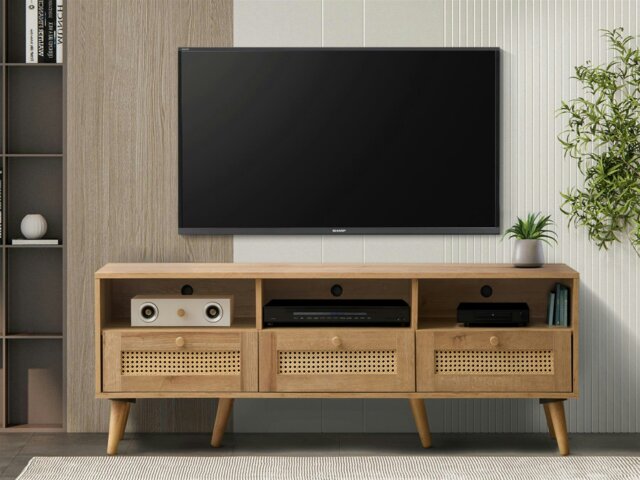 Rackhams Manila Rattan 3 Drawer TV Unit - Oak and PVC Rattan