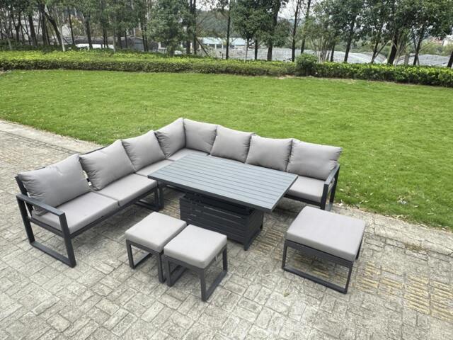 Rackhams 10 Seater Aluminium Garden Furniture Set with Adjustable Rising Dining Table, 3 Footstools - Dark Grey