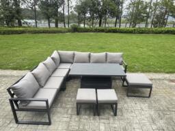 Rackhams 10 Seater Aluminium Garden Furniture Set with Adjustable Rising Dining Table, 3 Footstools - Dark Grey - thumbnail 2