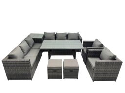 Rackhams Outdoor Corner Sofa Chair Dining Table Set Garden Rattan Furniture Set 10 Seater with Side Table 2 Small Stool Dark Grey - thumbnail 2