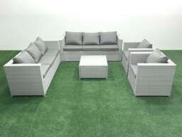 Rackhams Outdoor Rattan Sofa Garden Furniture Set with 2 Armchairs Square Coffee Table Light Grey Mixed - thumbnail 2