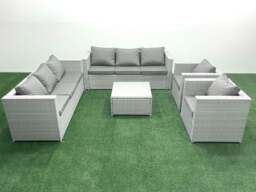 Rackhams Outdoor Rattan Sofa Garden Furniture Set with 2 Armchairs Square Coffee Table Light Grey Mixed - thumbnail 1
