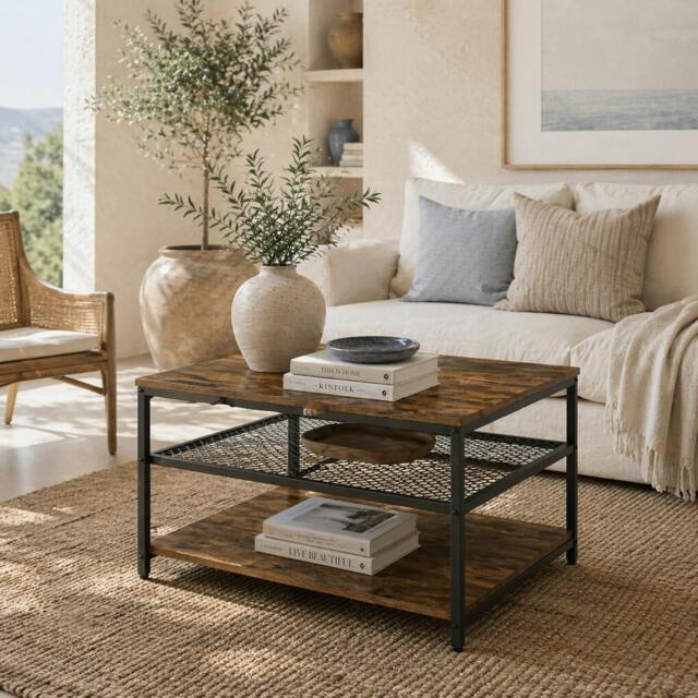 Rackhams Nafata Wooden Rustic Brown Square Coffee Table With 3 Tier Shelves - image 1