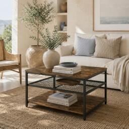 Rackhams Nafata Wooden Rustic Brown Square Coffee Table With 3 Tier Shelves