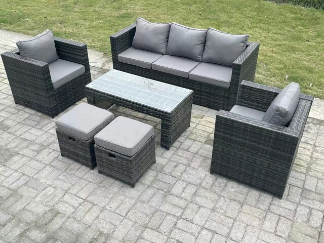 Rackhams Lounge Rattan Sofa Set Outdoor Garden Furniture Oblong Rectangular Coffee Table With 2 Chairs 2 Stools - image 1