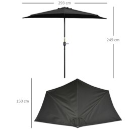 Rackhams 3(m) Half Round Parasol Garden Sun Umbrella Metal w/ Crank Black - Black - 293cm x 150cm x 249cm - thumbnail 5