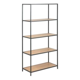 Rackhams Seaford Tall Black Metal Bookcase with 4 Oak Shelves - 1 - Black and Natural - Wood