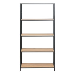 Rackhams Seaford Tall Black Metal Bookcase with 4 Oak Shelves - 1 - Black and Natural - Wood - thumbnail 2