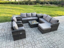 Rackhams High Back Rattan Garden Furniture Set with Square Coffee Table 2 Side Tables Big Footstool Indoor Outdoor Patio Lounge Sofa Set Dark Grey Mixed - thumbnail 1