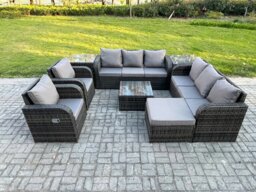 Rackhams High Back Rattan Garden Furniture Set with Square Coffee Table 2 Side Tables Big Footstool Indoor Outdoor Patio Lounge Sofa Set Dark Grey Mixed - thumbnail 2