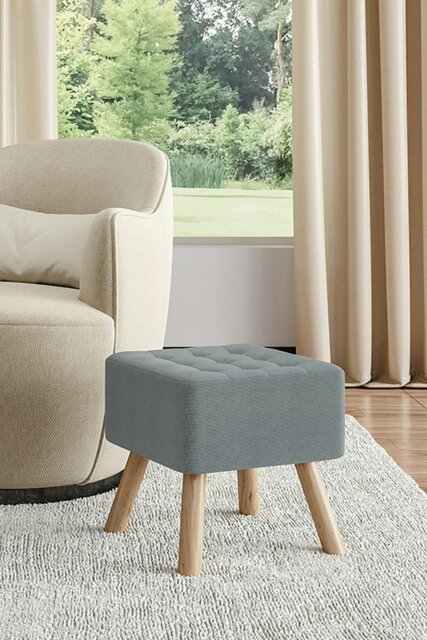 Rackhams Grey Linen Padded Wooden Leg Square Footstool - Grey - image 1