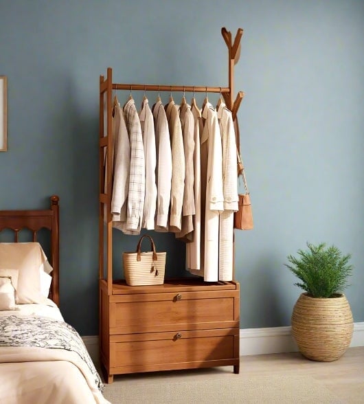 Rackhams Heavy Duty Bamboo Clothes Rail Rack with Drawers & Hooks – Open Corner Garment Stand Wardrobe - image 1