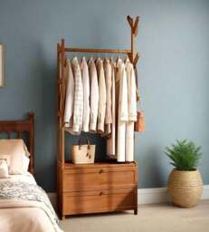 Rackhams Heavy Duty Bamboo Clothes Rail Rack with Drawers & Hooks – Open Corner Garment Stand Wardrobe