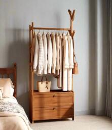 Rackhams Heavy Duty Bamboo Clothes Rail Rack with Drawers & Hooks – Open Corner Garment Stand Wardrobe - thumbnail 3