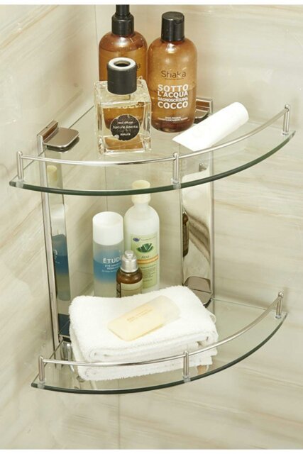 Rackhams 2-Tier Tempered Glass Corner Shelf Bathroom Wall Mounted - Silver - image 1
