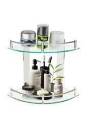 Rackhams 2-Tier Tempered Glass Corner Shelf Bathroom Wall Mounted - Silver - thumbnail 4
