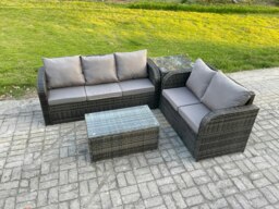 Rackhams 5 Seater Rattan Wicker Garden Furniture Patio Conservatory Sofa Set with Rectangular Coffee Table 3 Seater Sofa Love Sofa Side Table - thumbnail 2