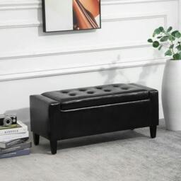 Rackhams PU Leather Storage Ottoman Bench Storage Chest Tufted Ottoman Cube w/ Flipping Top 92L x 40W x 40H cm Black - thumbnail 4