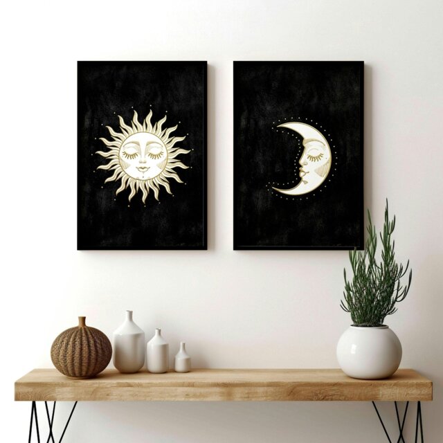 Rackhams Large print for living room - Set of 2 Sun and Moon wall art - A4 8.27 x 11.69 in / 21 x 29.7 cm - White Frame