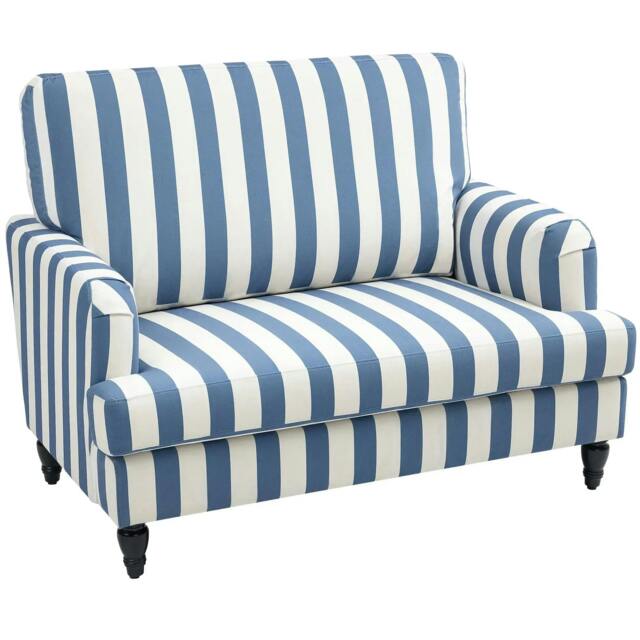 Rackhams Modern Cuddle Chair, Velvet Single Sofa Armchair with Stripe, Turned Legs and Wide Seat, Upholstered Snuggle Chair, Blue and White