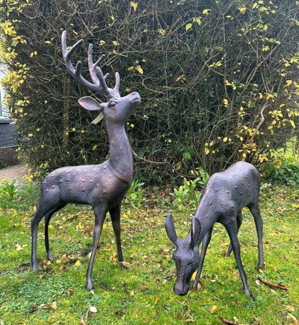 Rackhams Large Stag and Doe Deer Garden Sculptures Cast Aluminium with Aged Finish - Cast Aluminum - Bronze - Sculpture - image 1