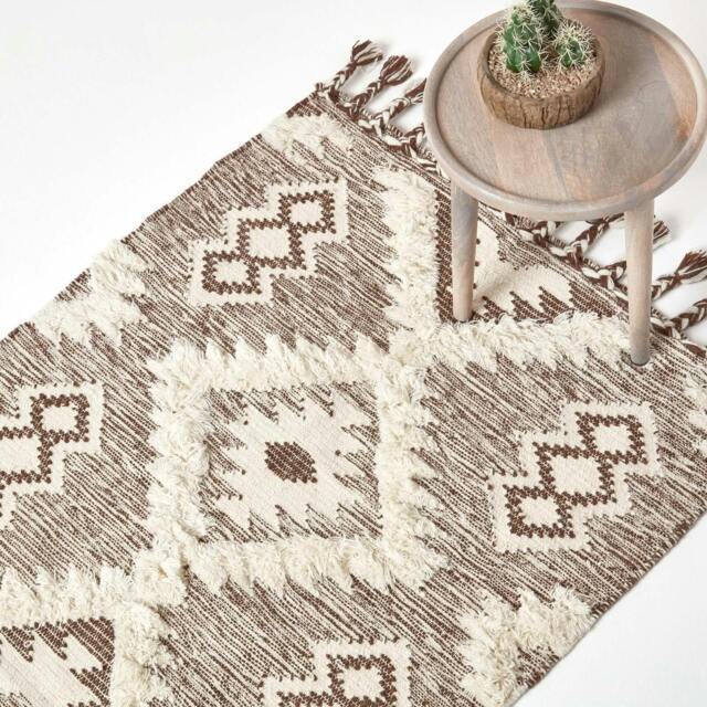 Rackhams Lhasa Handwoven Brown and Cream Diamond Kilim Wool Rug - 120 x 170 cm - image 1
