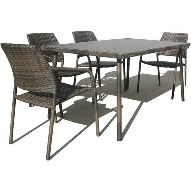 Rackhams Outdoor Rattan Wicker Garden Furniture Dining Set with Stackable Rattan Chairs, Weatherproof Wicker Rattan Furniture Set - 120L x 84W x 74H+4 Chair - 5 - Rectangular Table - image 1