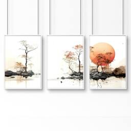 Rackhams Living Room Wall Decor - Set of 3 Asian Inspired Wall art Prints - A2 16.54 x 23.39 in / 42 x 59.4 cm - Satin Photo paper 280 gsm - White Frame
