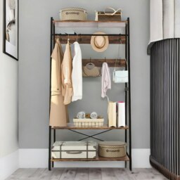 Rackhams Heavy Duty Metal Clothes Rail Open Wardrobe With Shelves Rustic Brown - thumbnail 2