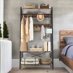 Rackhams Heavy Duty Metal Clothes Rail Open Wardrobe With Shelves Rustic Brown - thumbnail 3