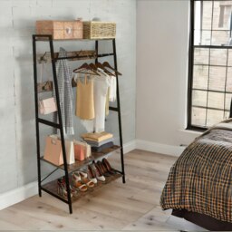 Rackhams Heavy Duty Metal Clothes Rail Open Wardrobe With Shelves Rustic Brown