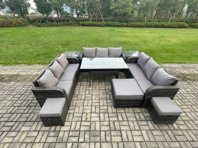 Rackhams 12 Seater Dark Grey Mixed Rattan Outdoor Lounge Set - Oblong/Rectangular Dining Table, 3 Footstools & 2 Side Tables - image 1