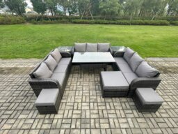 Rackhams 12 Seater Dark Grey Mixed Rattan Outdoor Lounge Set - Oblong/Rectangular Dining Table, 3 Footstools & 2 Side Tables - thumbnail 1
