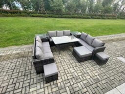 Rackhams 12 Seater Dark Grey Mixed Rattan Outdoor Lounge Set - Oblong/Rectangular Dining Table, 3 Footstools & 2 Side Tables - thumbnail 2