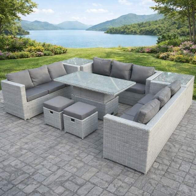 Rackhams U-Shape 11 Seater Rattan Garden Sofa Dining Set with Adjustable Rising Table & Coffee Tables - image 1