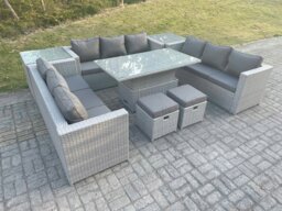 Rackhams U-Shape 11 Seater Rattan Garden Sofa Dining Set with Adjustable Rising Table & Coffee Tables - thumbnail 3