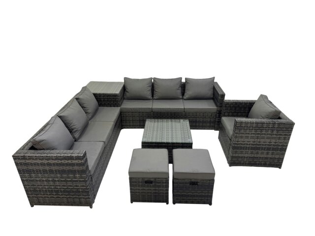 Rackhams 9 Seater Garden Outdoor Rattan Furniture Set Patio Corner Sofa Coffee Table with Side Table 2 Small Stool Dark Grey - image 1
