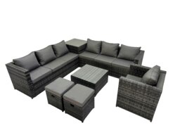 Rackhams 9 Seater Garden Outdoor Rattan Furniture Set Patio Corner Sofa Coffee Table with Side Table 2 Small Stool Dark Grey - thumbnail 2