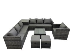 Rackhams 9 Seater Garden Outdoor Rattan Furniture Set Patio Corner Sofa Coffee Table with Side Table 2 Small Stool Dark Grey - thumbnail 1