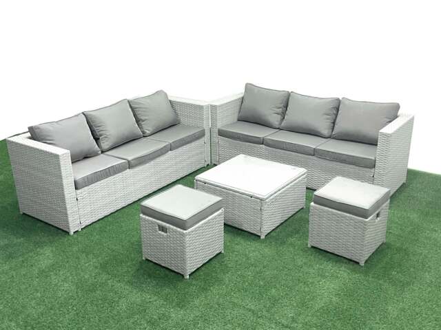 Rackhams Garden Outdoor Furniture Set 8 Seater Rattan Sofa Set with 2 Small Footstools Light Grey Mixed - image 1