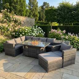 Rackhams 8 Seater Rattan Garden Furniture Set with Gas Fire Pit Dining Table, Corner Sofa, Footstool, Side Table - Dark Grey