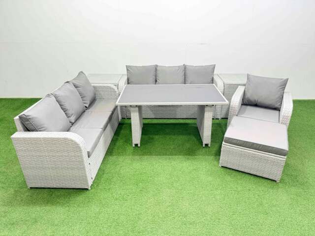 Rackhams Rattan Garden Furniture Dining Set 8 seater Patio Rectangular Table Sofa Set with 2 Side Tables Big Stool Light Grey - image 1