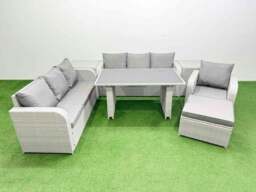 Rackhams Rattan Garden Furniture Dining Set 8 seater Patio Rectangular Table Sofa Set with 2 Side Tables Big Stool Light Grey - thumbnail 1