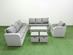 Rackhams 9-Seater Poly Rattan Garden Furniture Set - Light Grey Outdoor Patio Sofa with Oblong Coffee Table & Reclining Chair - thumbnail 1