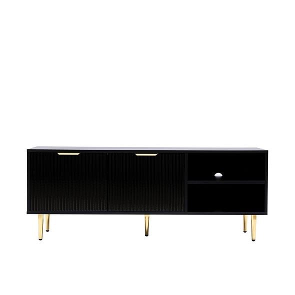 Rackhams Black MMT TV Stand, TV Stand Cabinet with Fluted Ribbed Gloss Doors and Legs, 130cm TV - Black - 40cm - 50cm