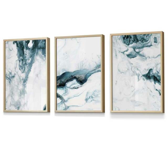 Rackhams Abstract Teal and White Set of 3 Framed Wall Art - 50x70cm - Oak