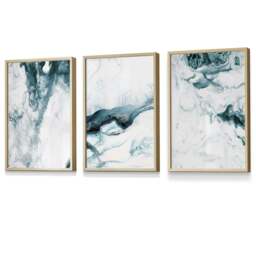 Rackhams Abstract Teal and White Set of 3 Framed Wall Art - 50x70cm - Oak - thumbnail 1