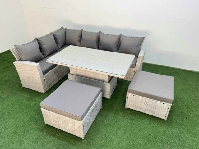 Rackhams 8 Seat Rattan Outdoor Garden Furniture Corner Sofa Set Adjustable Lifting Dining or Coffee Table Set with Armchair 2 Big Footstools Light Grey - image 1