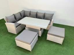 Rackhams 8 Seat Rattan Outdoor Garden Furniture Corner Sofa Set Adjustable Lifting Dining or Coffee Table Set with Armchair 2 Big Footstools Light Grey - thumbnail 1